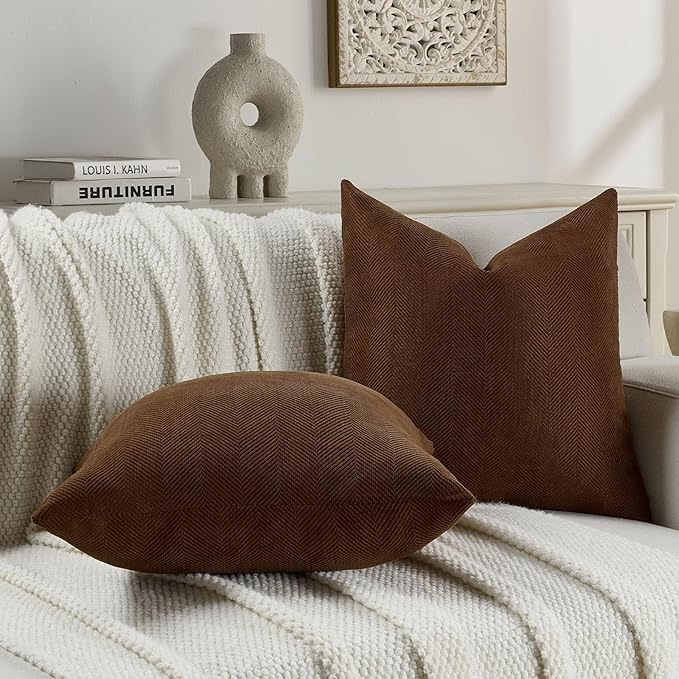 FUTEI Dark Brown Chenille Throw Pillow Covers 18x18 Inch Set of 2,Soft Wide Chevron Textured Cushion Case,Farmhouse Home Decor for Couch Living Room