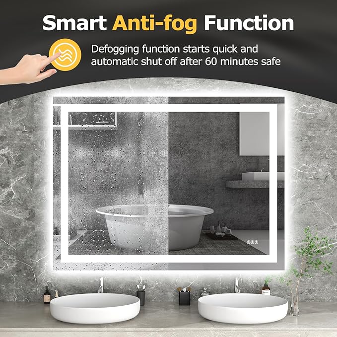 48X36 LED Bathroom Mirror with Lights, Anti-Fog, Dimmable, Backlit + Front Lit, Smart Bathroom Vanity Mirror, Memory Function, Shatterproof, Tempered Glass (Horizontal/Vertical)