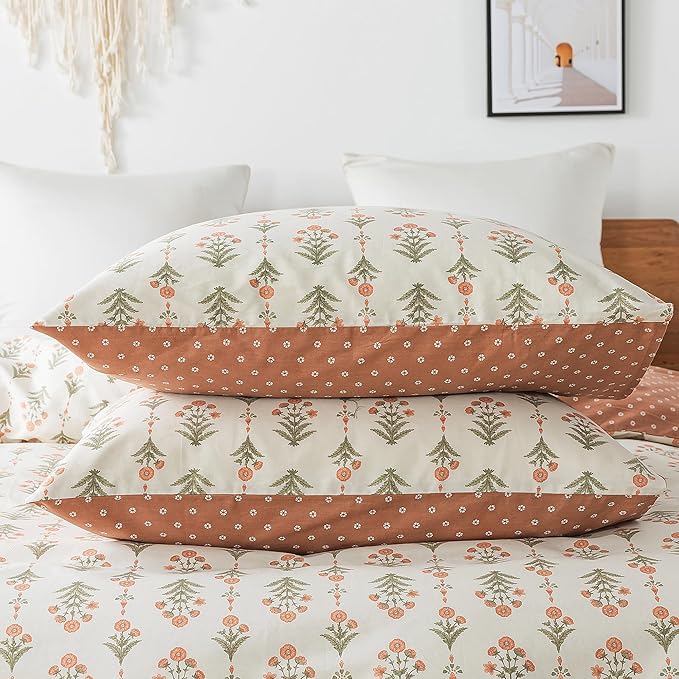 HoneiLife Floral Duvet Cover Twin - 100% Cotton Comforter Cover Wildflower Duvet Cover Sets, Botanical Duvet Cover with Zipper Closure & Corner Ties, 2-PCS Orange Comforter Cover Sets
