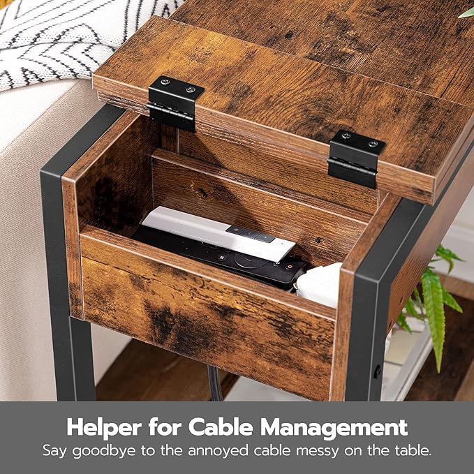 HOOBRO End Table with Charging Station, Narrow Side Table, Small Nightstand, Bedside Tables with Drawer and Storage Shelves, for Small Spaces, Living Room, Bedroom, Rustic Brown and Black BF041BZ01G1