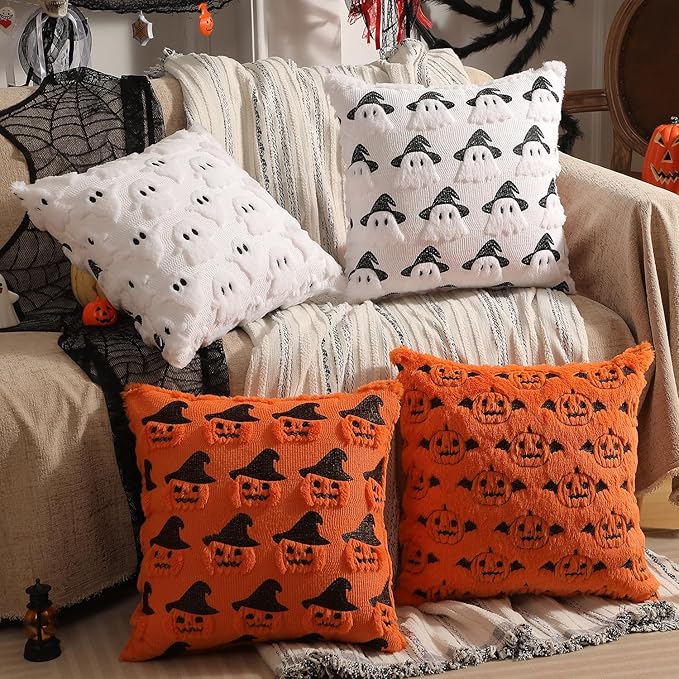 Halloween Decorations Set of 2 Double-Sided Halloween Pillow Covers 16" x 16", with 2 Different Looks, Cure White Ghost & Ghost with Hat, Plush Faux Fur Throw Pillow Covers for Home Decor