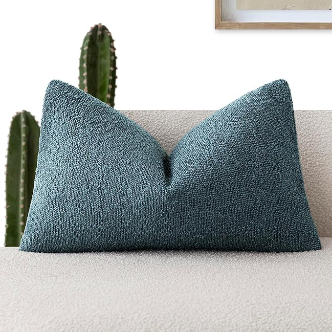 Foindtower Decorative Textured Boucle Throw Pillow Covers Accent Solid Lumbar Pillow Cases Neutral Soft Couch Cushion Case for Chair Sofa Bedroom Living Room Home Decor 12x20 Inch,1PC,Misty Blue