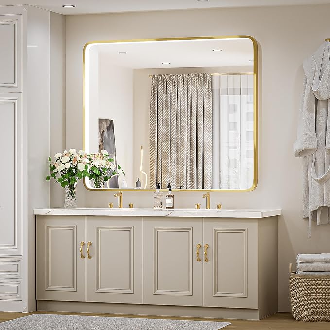 43X36 Inch Framed LED Lighted Bathroom Mirror,Wall Mounted Gold Metal Vanity Mirrors with Lights,Dimmable Illuminated Anti-Fog Mirror(Horizontal/Vertical)