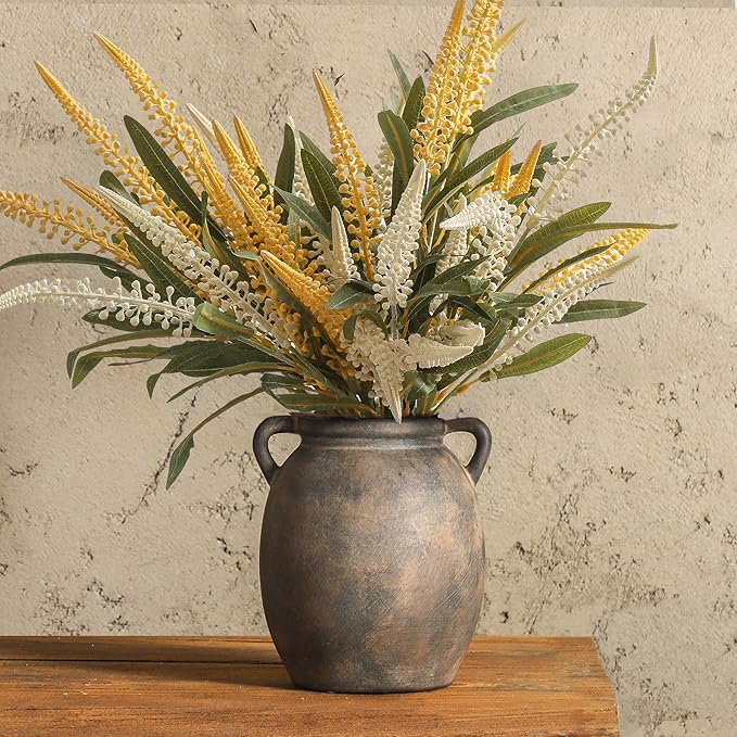 Ceramic Flower Vase 7.6 inch Farmhouse Rustic Vase Decorative Pottery Terracotta Vases for Home Decor Table Mantle Fireplace Living Room Bathroom Wedding Centerpiece (Black)