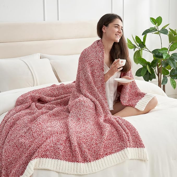 Snuggle Sac Red Throw Blanket for Couch, Super Soft Warm Christmas Red Blankets Cozy Knit Fuzzy Plush Lightweight Throws for Sofa, Bed, Camping, Heather Red, 50x60 inches