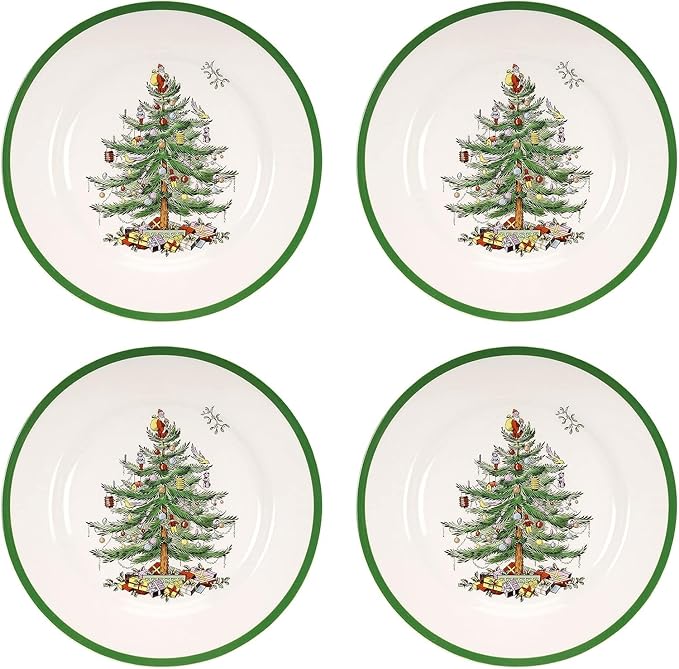 Spode Christmas Tree 10.5" Dinner Plate (Set of 4) - Festive Holiday Stoneware Plate with Christmas Tree & Green Borders, Microwave, Dishwasher, Freezer & Oven Safe - Holiday Tableware