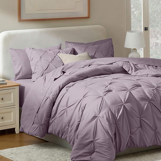 Nestl California King Comforter Set 7 Piece - Pintuck Cal King Comforter Set Dusty Purple, California King Bed in a Bag, All Season Bed Set with Flat Sheet and Fitted Sheet, Pillowcases and Shams