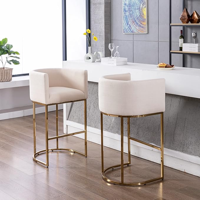 Modern Counter Height Linen Upholstered Bar Stools Set of 2, 32" Kitchen Counter Island Stools Bar Chairs with Gold Metal Frame for Kitchen Island, Cream