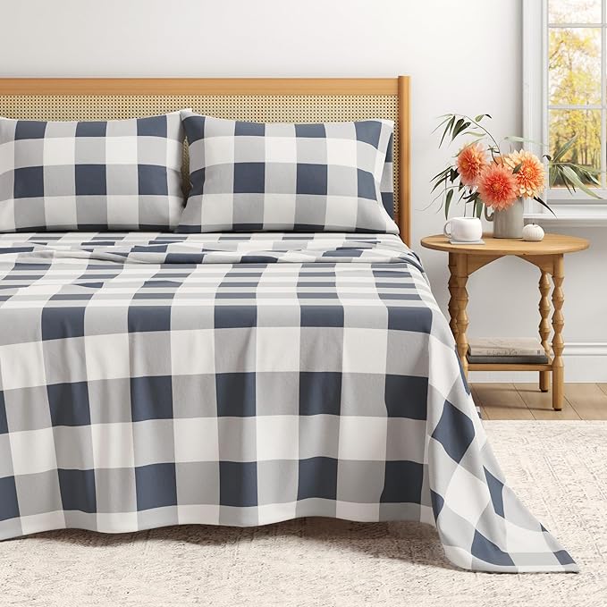 Great Bay Home Flannel Sheet Set Queen Size - 100% Turkish Cotton, Double-Brushed, Printed Bed Sheets - Ultra-Soft, Cozy, 4-Piece Bedding Set (Buffalo Check - Navy)