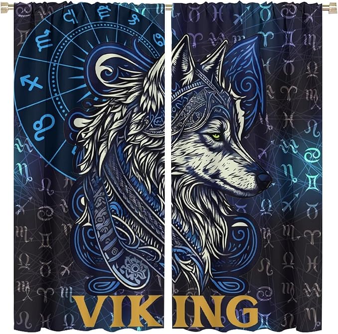 Viking Wolf Curtains Blue Rune Nordic Gothic Animal Curtains Dark Ancient Totem Mythological Pattern Printed Curtains Boys Bedroom Living Room Decoration Blackout Curtains W55 * L63 Inch