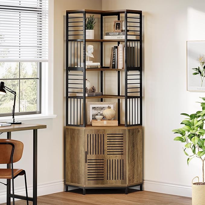 Tribesigns Tall Corner Storage Cabinet, 77.76-Inch Industrial Corner Shelf with Door, 7-Tier Metal Bookshelf Storage Bookcase Display Shelving Unit for Living Room, Rustic Brown 2PCS