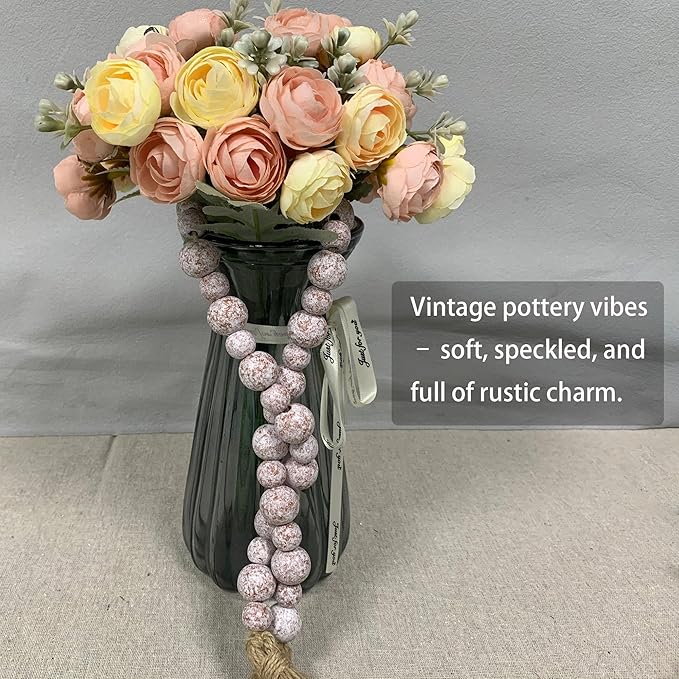 Handcrafted Farmhouse Wooden Decorative Beads Garland, Table Tray Boho Wood Beads with Tassel, Small Rustic Antique Decor for Home and Events (Rustic White)