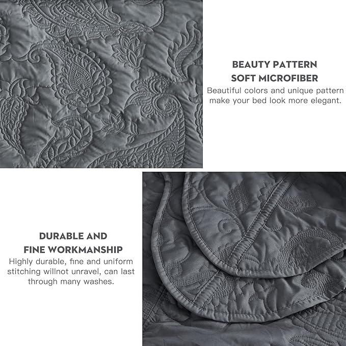 HZ & HY Oversized King Bedspread, Quilted Coverlet Bedding Set, Lightweight Thin Comforter, Reversible, Luxurious, 5 Piece, 100% Microfiber, Dark Grey