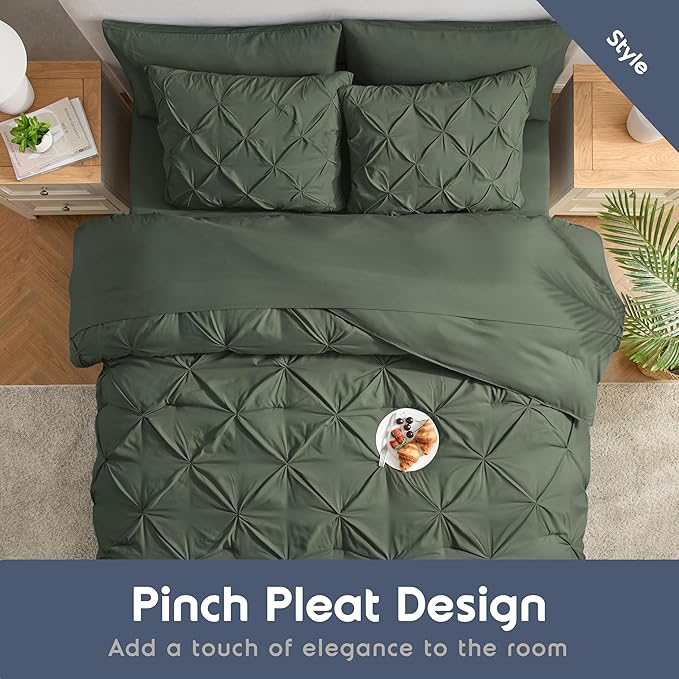 Nestl Pinch Pleated Comforter Set - 7 Piece Olive Green Bed in a Bag, All Season King Bedding Set with Flat Sheet, Fitted Sheet, Pillowcases and Shams