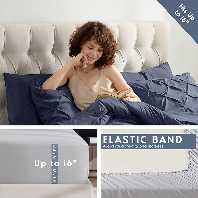 Nestl California King Comforter Set 7 Piece - Pintuck Cal King Comforter Set Navy, California King Bed in a Bag, All Season Bed Set with Flat Sheet and Fitted Sheet, Pillowcases and Shams