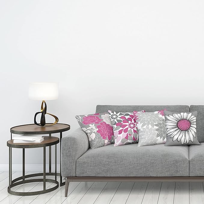 Ambesonne Floral Throw Pillow Cushion Case Pack of 4, Flower Petals Modern Color Palette Chamomile Peony Dahlia and Sunflower Print, Modern Accent Double-Sided Digital Printing, 16", Pink and Grey