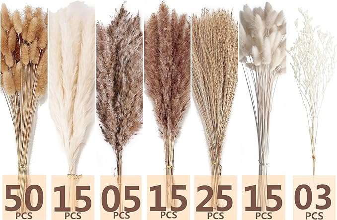 Dried Pampas Grass Decor, 128PCS Pampas Grass with Bunny Tails Dried Flowers, Reed Grass Bouquet for Wedding, Boho Flowers, Home Table Decor, Rustic Farmhouse Party