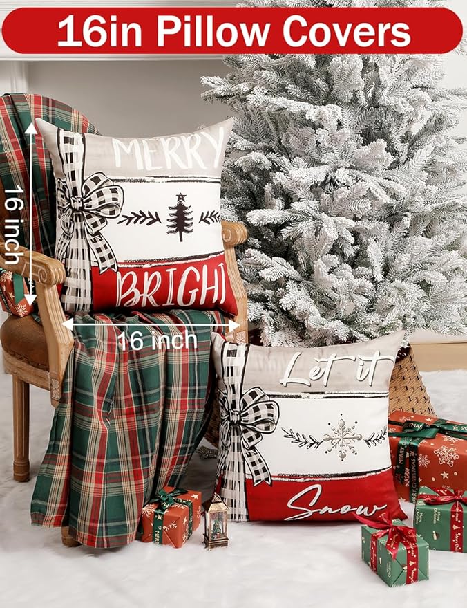 TOYPOPOR Christmas Decorations, Double Sided Throw Pillow Covers 16x16 Inches Set of 4, Christmas Tree, Snowflakes, Merry Christmas, Snowman Reindeer Cushion Case for Farmhouse Home Holiday Decor