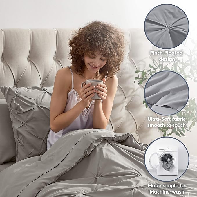 Nestl Twin Comforter Set 5 Piece - Pintuck Twin Bedding Sets Linen, College Dorm Room Essentials for Girls and Boys Bed in a Bag Twin All Season, Twin Comforter Set with Sheets, Pillowcase and Sham