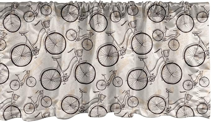 Lunarable Vintage Window Valance Pack of 2, Grunge Style Old Bicycles Hand Drawn on Paint Blots Strokes, Rod Pocket Curtain Valances for Kitchen Bedroom, 54" X 18", Eggshell Brown
