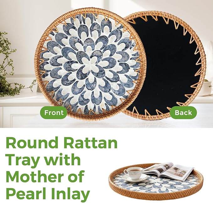 13.8 in Decorative Round Rattan Tray with Mother of Pearl Inlay & Wooden Base for Table Decor, Home Decor, Boho Decor, Food Display & Storage - Perfect for Coffee Bread, Fruits & More (Plume Design)