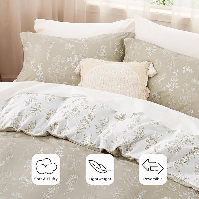 Bedsure King Comforter Set - Linen Bed Set, 3 Pieces Cute Floral Bedding, 1 Soft Reversible Botanical Flowers Comforter and 2 Pillow Shams