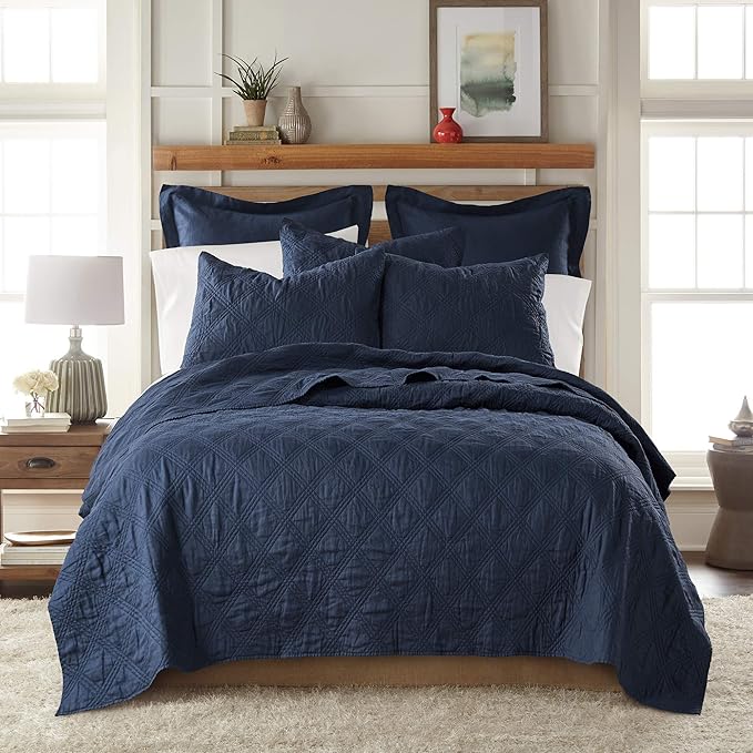 Levtex Home - 100% Linen Front/100% Cotton Back - Twin Quilt - Washed Linen - Navy - Quilt Size (68 x 86 in.)