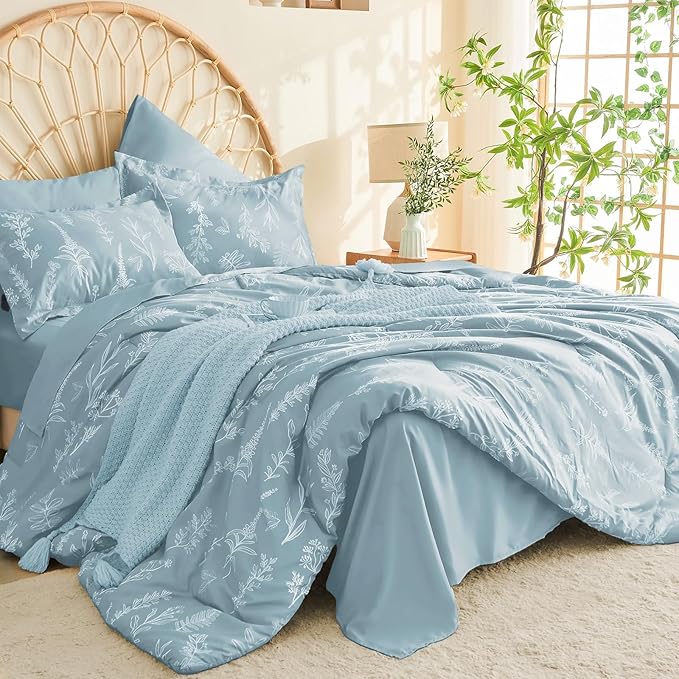 MUXHOMO Mineral Blue Cal King Comforter Set, Elegant Floral Print Bed in a Bag 7 Pieces, Ultra Soft & Breathable Reversible Botanical Pattern Bedding Set with Comforter, Sheets, Pillowcases, and Shams