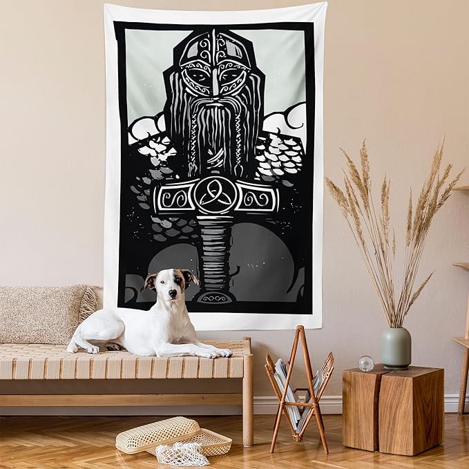 Lunarable Viking Tapestry, Thor Son of Odin Monochrome Design Guardian of Asgard Scandinavian Culture, Wall Hanging for Bedroom Living Room Dorm Decor, 40" X 60", Black White