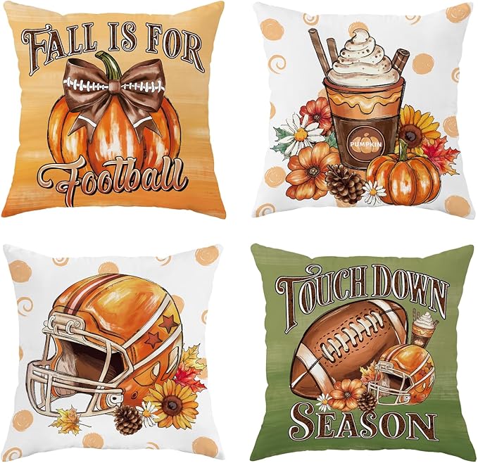 Fall Pillow Covers 16x16 Set of 4,Football Velvet Throw Pillows Farmhouse Autumn Pillowcases Decorative Home Decor for Couch Sofa, Porch Bed Living Room Fall Home Decorations