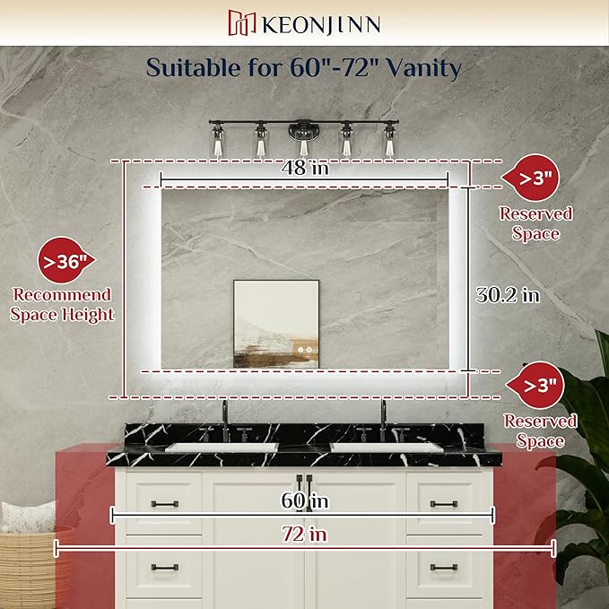 Keonjinn Backlit Mirror Bathroom 48” x 30”, Anti-Fog Mirror with Lights, CRI90+ HD Tempered Glass, Waterproof, UL Listed, Stepless Dimmable LED Mirrors for Bathroom, High Lumen, 6000K Bright