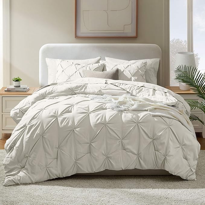Nestl King Size Comforter Set - 7 Piece Pinch Pleated Bed in a Bag, Off White, All Season Bedding With Flat Sheet, Fitted Sheet, Pillowcases and Shams