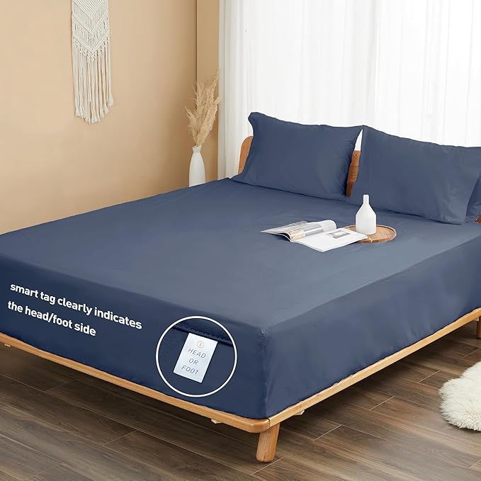 Sunflower California King Fitted Sheet, 1-Piece Deep Pocket Fitted Bottom Sheet 16", 100% Cotton Sateen Soft Breathable, Blue Indigo