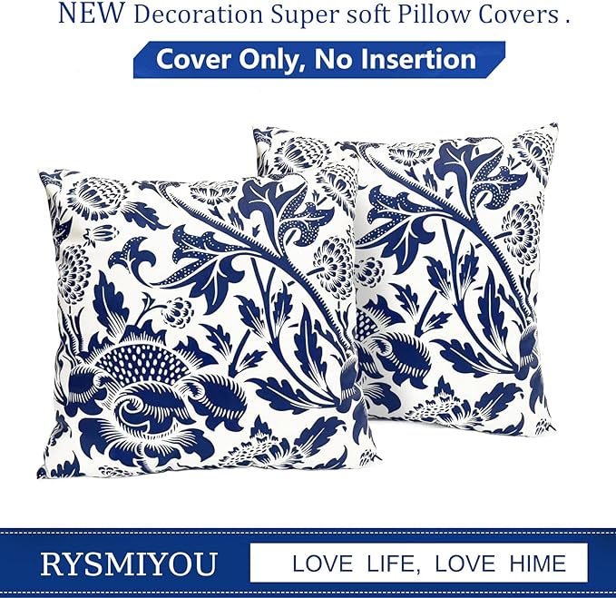 Decorative Throw Pillow Covers Set of 2 Blue Pillow Covers 18x18 inch Short Plush Square Pillows Cover Floral Throw Pillows,Farmhouse Outdoor Pillow Covers for Couch Sofa Bed Living Room
