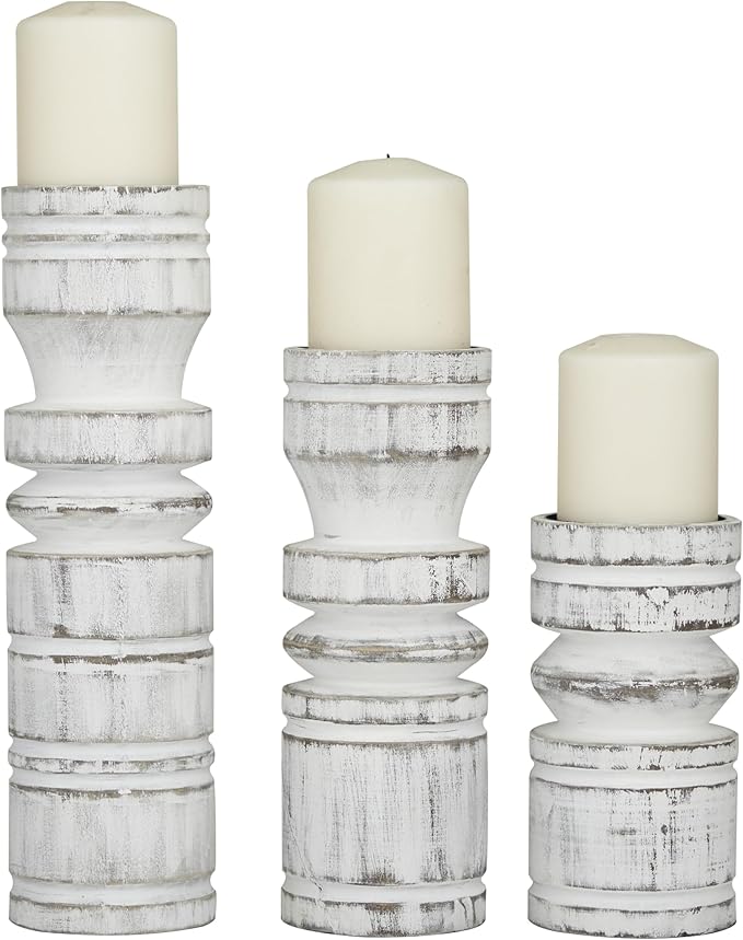 Deco 79 Wood Decorative Candle Holder Candle Stand, Set of 3 Candlestick Holder 14", 11", 8" H, White
