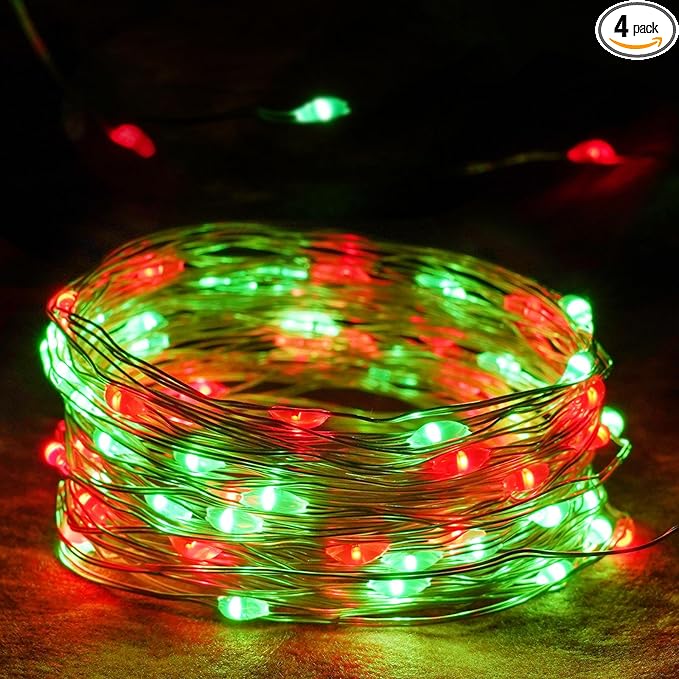 4-Pack 50 LED Fairy Lights Battery Operated with Timer, 16FT Waterproof Starry Christmas Lights Outdoor Indoor Mini Twinkle String Light for Bedroom Home Wedding Party Christmas Decor (Red and Green)