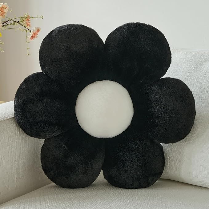 Flower Pillow, Decorative Throw Pillows for Couch Bed, Cute Daisy Home Decor Flower Shaped Pillows for Bedroom Living Room (Black, 14.9 Inches)