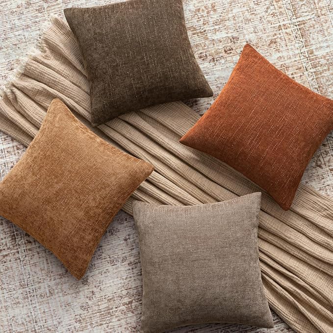 Woaboy Set of 2 Textured Throw Pillow Covers Decorative Soft Accent Square Chenille Pillowcases Neutral Farmhouse Cushions Modern Home Decor for Couch Sofa Bedroom Living Room 22x22 Inch,Chocolate
