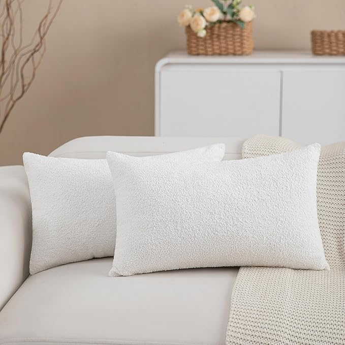 2 Packs 12x20 Inch Decorative Cream White Textured Lumbar Throw Pillow Covers Neutral Farmhouse Chenille Boucle Couch Pillows, Soft Velvet Pillowcase Cushion Covers for Living Room Home Decor