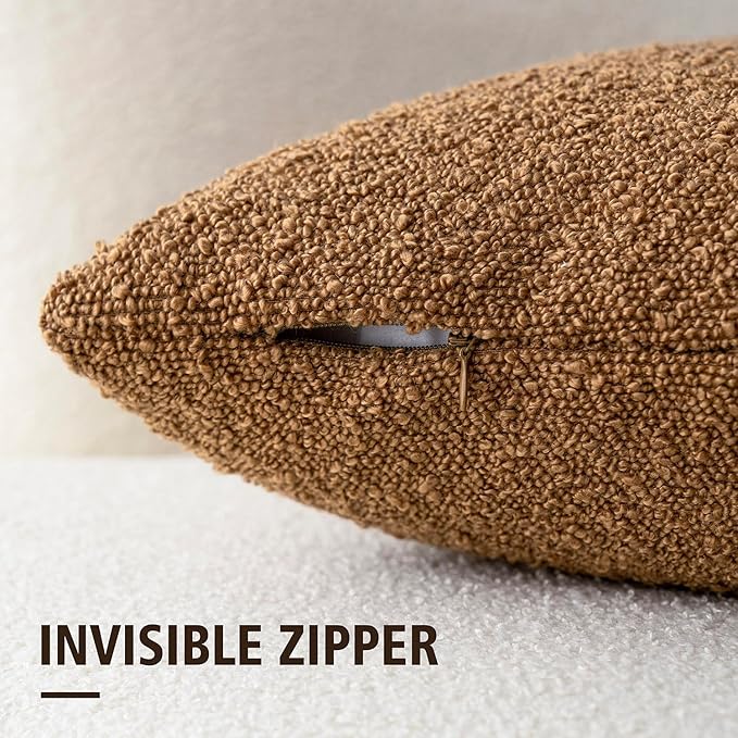 Foindtower Textured Boucle Throw Pillow Covers Accent Solid Pillow Cases Cozy Soft Decorative Couch Cushion Case for Chair Sofa Bedroom Living Room Home Decor, 18 x 18 Inch,Tobacco