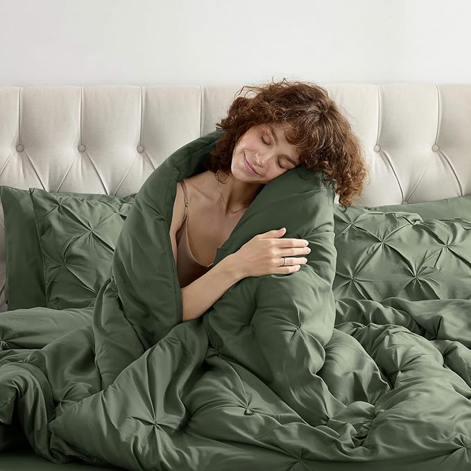 Nestl Pinch Pleated Comforter Set - 7 Piece Olive Green Bed in a Bag, All Season King Bedding Set with Flat Sheet, Fitted Sheet, Pillowcases and Shams