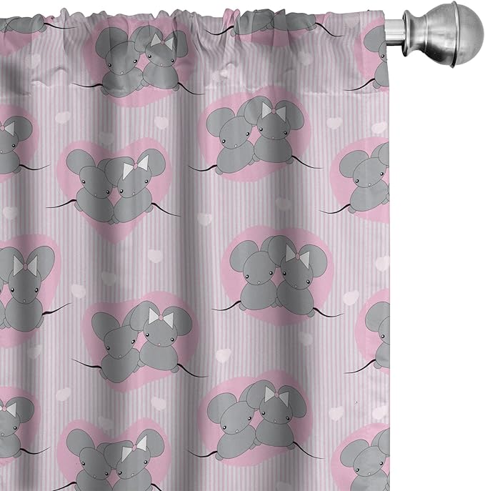 Ambesonne Pink and Grey Window Curtains, Little Mouse Characters with Hearts on Striped Backdrop Cartoon Lovers, Lightweight Decor 2-Panel Set with Rod Pocket, Pair of - 28" x 84", Grey Pink