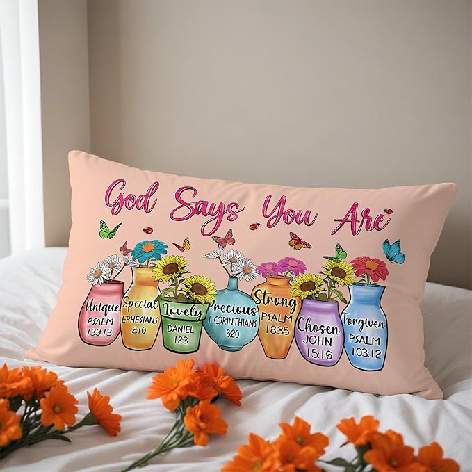 God Says You are Christian Floral Butterfly Pilow Covers 12x20, Christian Faith Based Gifts for Women, Inspirational Bible Verse Pillow Covers for Girls Room Dorm Apartment(Pink)