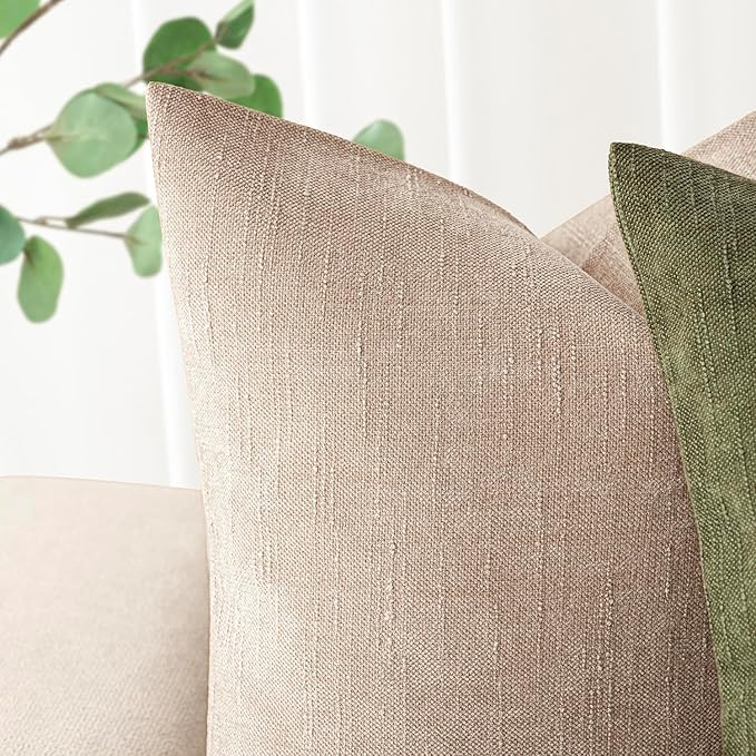 Foindtower Set of 2 Soft Textured Chenille Throw Decorative Pillow Covers Square Accent Solid Cushion Cover Cozy Neutral Farmhouse Pillow Case for Couch Sofa Bedroom Living Room 22x22 Inch,Cream Camel