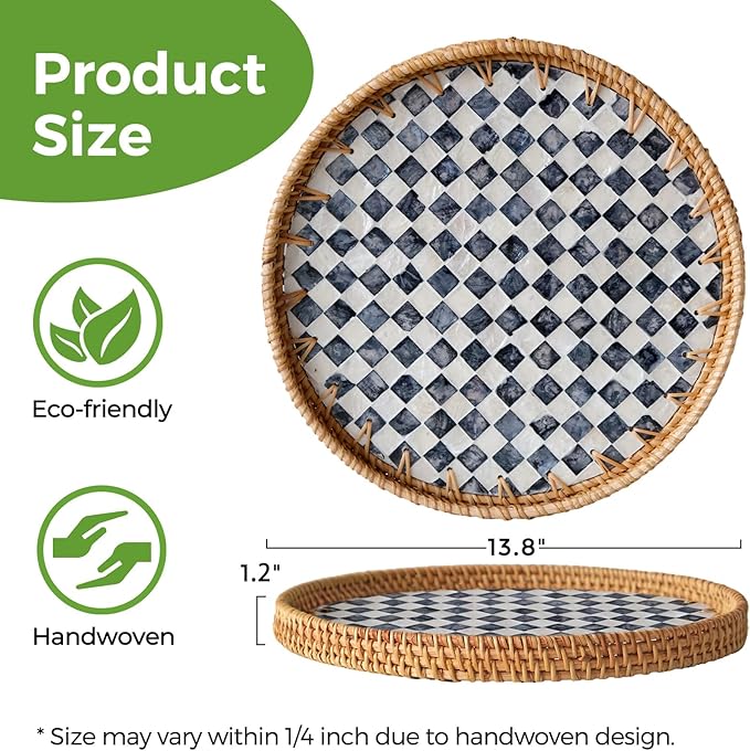 13.8 in Round Rattan Tray with Mother of Pearl Inlay, Wicker Serving Tray Mother for Decor, Rattan Round Wicker Coffee Table Tray for Coffe Friut Bread Checkerboard