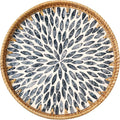 Round Rattan Tray with Mother of Pearl Inlay, Rattan Serving Tray for Coffee, Bread, Fruits, Decorative Wicker Tray for Table Decor, Home Decor, Kitchen Island Decor (Dark Blue Leaf, 11.8")