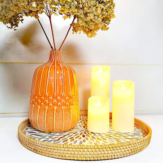 i-lan 18 inch Round Decorative Rattan Serving Platter with Mother of Pearl Inlay,Ottoman Coffee Table Tray Rattan Serving Display for Table Decor,Kitchen Counter Storage of Fruit,Candy.