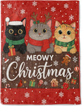 Cat Christmas Decorative Blanket, Kitten with Hat Antler Scarf Print Throw Decoration, Soft Flannel Winter Blankets for Couch Bed Sofa, Holiday Home Decor, Xmas Festival Gifts Red 50x60 Inch