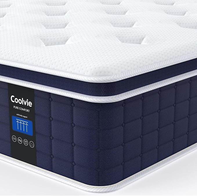 Coolvie Queen Mattress Firm, Strong Coils Hybrid Mattresses for Extra Lumbar & Hip Support, Cooling Knit Fabric Cover- CertiPUR-US® Certified Foam/ 80x60x12, 12 Inch Mattress Queen Size in a Box