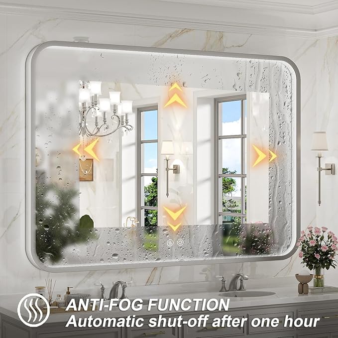 LED Bathroom Mirror with Lights,43x36 Inch Brushed Silver Framed Lighted Vanity Mirror,Anti Fog Stepless Dimmable Wall Mounted(Horizontal/Vertical)